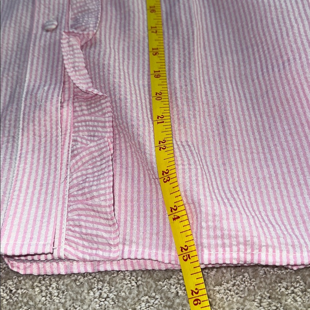 🔵 Pink & White Striped, Long Sleeve, Ruffle Trim, Buttoned Blouse - Picture 14 of 15